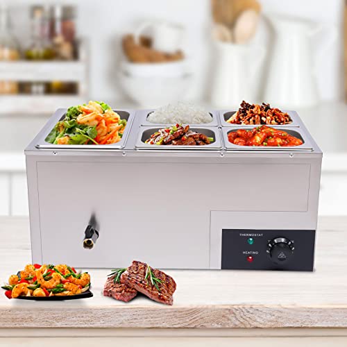 5 Pan Commercial Food Warmer Countertop with Lids, Electric Food Warmer Steam Table, 600W Professional Buffet Servers and Warmers Stainless Steel Buffet Bain Marie with 86-185°F Temp Control - color: 5 Pan