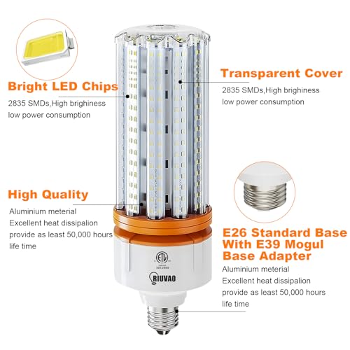 RIUVAO 1000W Equivalent LED Corn Light Bulbs, 2 Pack 100W Led Corn Bulb 5000K Daylight White E26 E39 for Large Area Lighting, Warehouse，High Bay Lighting Wide Application