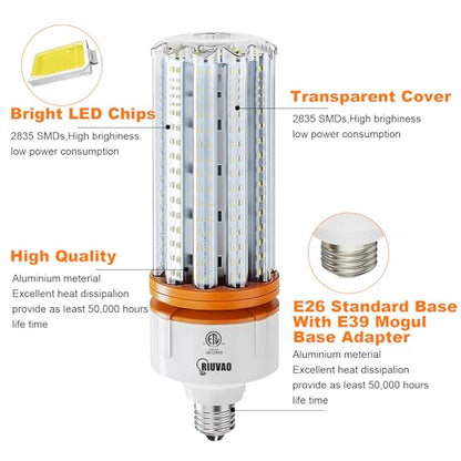 RIUVAO 1000W Equivalent LED Corn Light Bulbs, 2 Pack 100W Led Corn Bulb 5000K Daylight White E26 E39 for Large Area Lighting, Warehouse，High Bay Lighting Wide Application