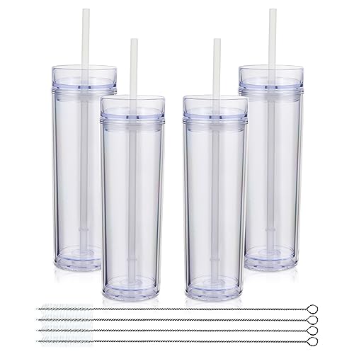 Volhoply 16oz Plastic Skinny Tumbler with Lid and Straw Bulk 4 Pack,Insulated Double Wall BPA Free Matte Acrylic Tumblers,Iced Coffee Travel Mug Reusable Party Cup,Customizable Diy Gifts(Clear,4 Set) - color: Clear