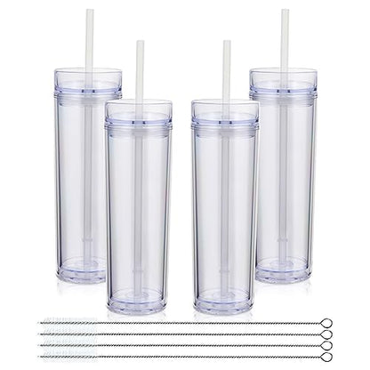 Volhoply 16oz Plastic Skinny Tumbler with Lid and Straw Bulk 4 Pack,Insulated Double Wall BPA Free Matte Acrylic Tumblers,Iced Coffee Travel Mug Reusable Party Cup,Customizable Diy Gifts(Clear,4 Set) - color: Clear