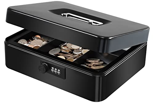 KYODOLED Large Cash Box with Combination Lock Safe Metal Money Box with Money Tray for Security Lock Box 9.84"x 7.87"x 3.54" Black - color: Black (Pack of 1), size: Large