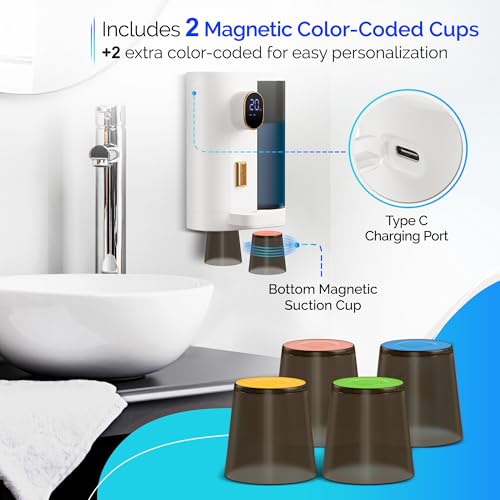 Automatic Mouthwash Dispenser for Bathroom (20.3 oz) - Touchless Smart Mouth Wash Dispenser with 4X Magnetic Cups - Wall-Mounted and Countertop Set for Kids and Adults Bathroom (White) - color: White