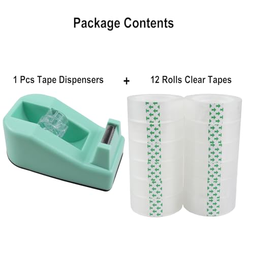 Desktop Tape Dispenser,1 Pack Green Tape Dispensers with 12Rolls Transparent Tape, for Packaging in Office,Restaurant, Flower Shop,Cake Shop (Green) - color: Green