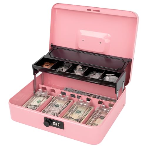 Jssmst Metal Cash Box with Money Tray and Lock, Portable Cash Drawer, 11.8" - color: Pink Code-C
