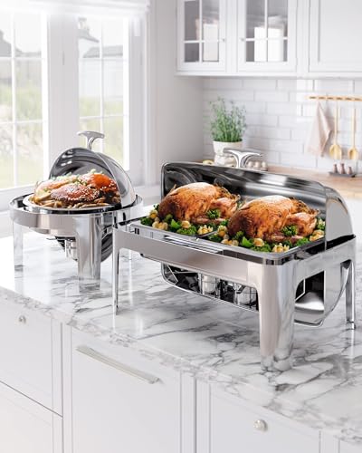 Roll Top Chafing Dish Buffet, 9QT Food-Grade Stainless Steel Commercial Chafer for Catering, Parties, and Weddings, 1 Full Sized Pan+2 Half Sized Pans - color: 9qt-silver Rectangular, size: 1 Full Sized Pan + 2 Half Sized Pans