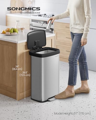 SONGMICS Kitchen Trash Can, 21 Gallon (80 L) Stainless Steel Garbage Can, with Stay-Open Lid and Step-on Pedal, Soft Closure, Tall, Large and Space-Saving, Silver and Black ULTB534E01 - color: Silver + Black, style: 21 Gallons