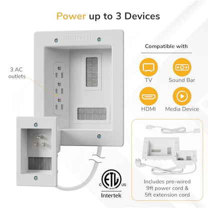 Mount-It! In-Wall TV Cable Management Kit with Power – Triple Outlet, Male Wall Plug and 5ft External & 9ft Behind the Wall Cords, Hand Saw – Easy, Safe Cable Management for TV and Home Theater Setups - style: Triple Outlet – 5ft External / 9ft In-Wall