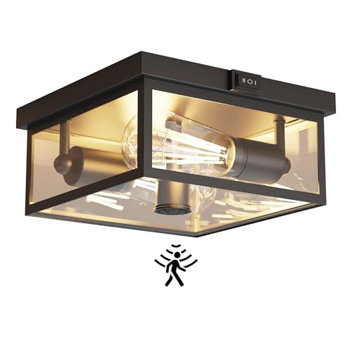 Outdoor Ceiling Light with Motion Sensor, Flush Mount Porch Light, Exterior Light Fixture with Clear Glass, Dusk to Dawn 2-Light Fixture for Patio,Porch (10.5 in) - color: 10.5Inch, size: 1Pack