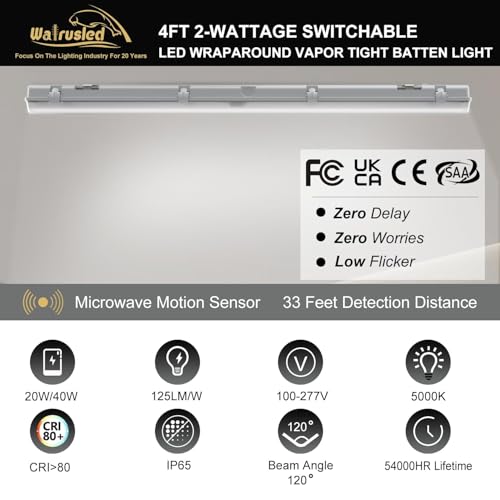 4FT LED Vapor Tight Light, Tri-Level Motion Sensor, IP65 IK08, 20W(2500lm)/40W(5000lm), 5000K, 100-277V, Dimmable, Outdoor Waterproof Shop Light, Vapor Proof Lighting Fixture for Carport, FCC, 4-Pack - size: 4FT 4 Pack