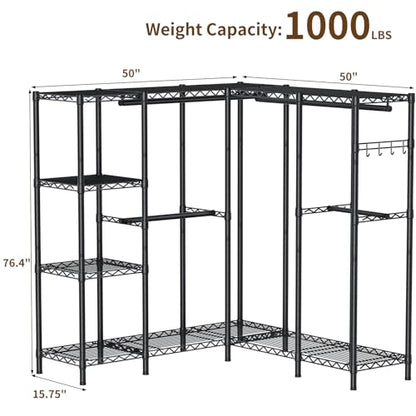 Golpart Heavy Duty Clothes Rack Metal Wardrobe with Adjustable Wire Shelves - color: Black, size: 50"D x 50"Wx 76.5"H