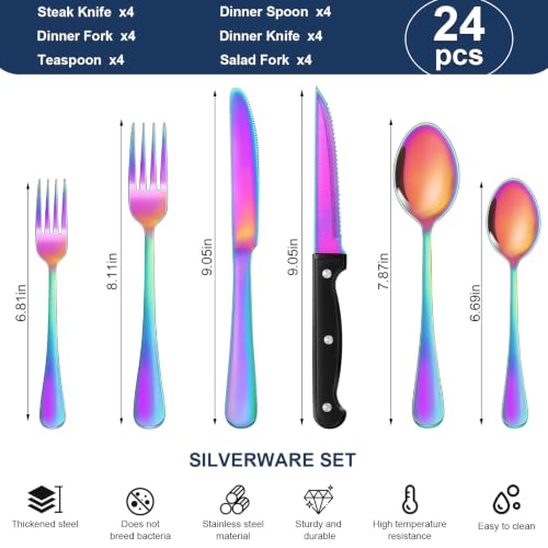 24-Piece Rainbow Silverware Set with Steak Knives Stainless Steel Flatware Set for 4 Food Grade Tableware Cutlery Set Rust-proof, Mirror Polished, Dishwasher Safe - size: 24Pcs-A