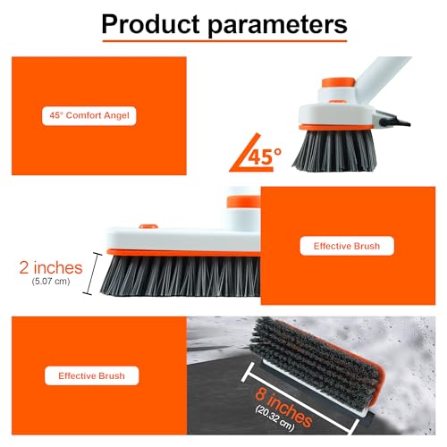 Floor Scrub Brush with Long Handle, 3-in-1 Rotating Scrubber with Squeegee