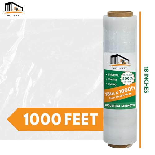 NEXUSWAY 4 Rolls 18'' Shrink Wrap for Moving - Stretch Film Pallet Wrap Roll Heavy Duty 1000 feet 80 Gauge Industrial Strength up to 800% Stretch 20 Microns for Shipping Moving Furniture - style: Pack of 4