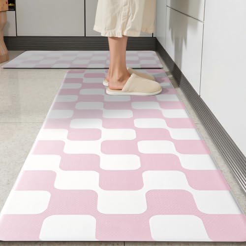Pink Retro Curvy Checkered Grid Checkerboard Kitchen Rug Sets [2 PCs], Anti-Fatigue, Waterproof Non-Slip Kitchen Mats Heavy Duty Comfort Foam Rug for Floor, Home, Laundry,17"x29"+17"x47" - color: Milkgrid-pink, size: 17.3"x29"+17.3"x47"-0.4"H
