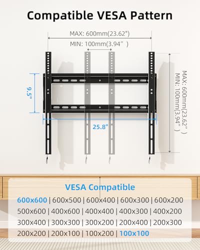 HOME VISION Heavy Duty TV Wall Mount 48-100", Fixed, VESA 600x600, 220 lbs - size: 48-100 Inch