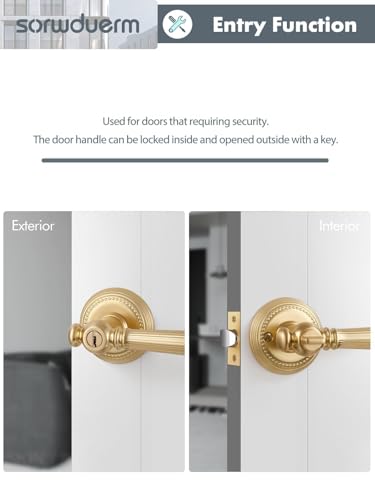 1 Pack Gold Door Lever with Lock and Key Entry Satin Brass Door Handle Door Lever Brushed Gold Bedroom and Bathroom Zinc Alloy - color: Satin Brass