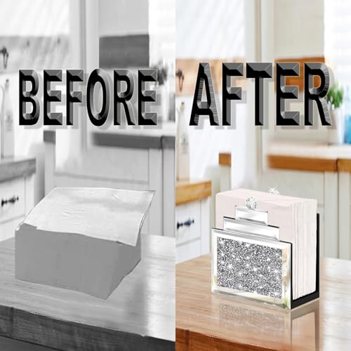 Wocred Mirror Napkin Holder,Crystal Crushed Diamond Vertical Holder,Cute Tissue Holder Holds Napkins Upright for Bathroom，Dining Table，Kitchen Table.(6.8”X5.9”X3”) - size: 6x3x6.8 inch