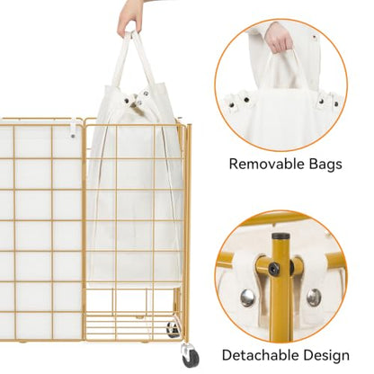 WOWLIVE Double Laundry Hamper with Wheels, Metal Rolling Laundry Basket - color: Golden, size: 120l