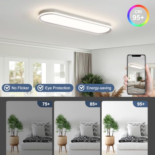 ADISUN Modern LED Ceiling Light Dimmable Linear Ceiling Light 31in Semi Flush Mount Long Lights with Remote Control and Side Lighting for Living Room Kitchen Dining Room - color: White-1Pack, size: 31 Inch