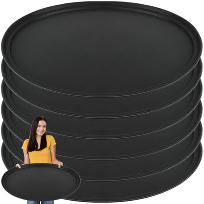 6 Pcs 24 Inch x 29 Inch Large Restaurant Serving Trays, Black PP Plastic Non Slip Tray,Oval Plastic Food Serving Tray with Raised Edges for Home Kitchen Restaurant Cafeterias Fast Food Service