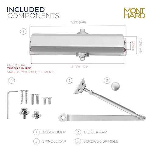 Door Closer, Commercial Grade 2 Hydraulic Closer, Spring Size 4, Surface Mount, Self-Closing, Adjustable Sweep & Latch Speed, Aluminum Anodized - color: Aluminum Anodized