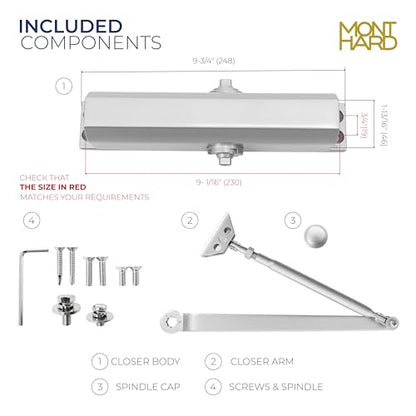Door Closer, Commercial Grade 2 Hydraulic Closer, Spring Size 4, Surface Mount, Self-Closing, Adjustable Sweep & Latch Speed, Aluminum Anodized - color: Aluminum Anodized