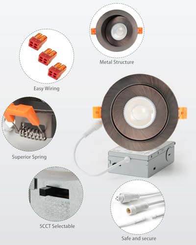 ZYC Gimbal LED Recessed Lighting - 4 Inch 5CCT 9W 360° Rotation Adjustable Eyeball Light,LED Swivel Spotlight,Directional Sloped Ceiling Light,Dimmable Canless Wafer Downlight Pack of 6 Bronze. - color: Bronze, size: 4 INCH || 6 PACK