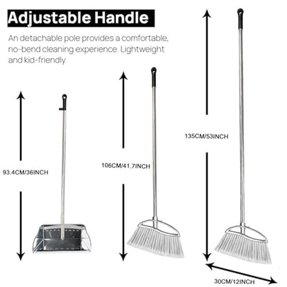 Outdoor Broom and Dustpan Comb Set,Heavy Duty Stainless Steel Metal Dust Pan with Long Handle Commercial Stiff Bristles Broom for Home Garage Garden Patio - style: Outdoor Broom and Dustpan