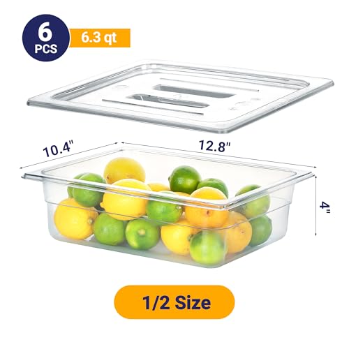 BIEAMA 6 Pack 1/2 Size 4" Deep NSF Polycarbonate Food Pans with Lids - color: 1/2 Size, size: 4" Deep