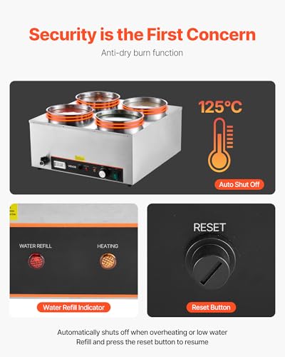 VEVOR Electric Soup Warmer, Four 6.34QT Stainless Steel Round Pot with 86~185°F Adjustable Temp, 1500W Commercial Bain Marie with Anti-Dry Burn and Reset Button, Soup Station for Restaurant, Buffet - size: 4×6L Pots
