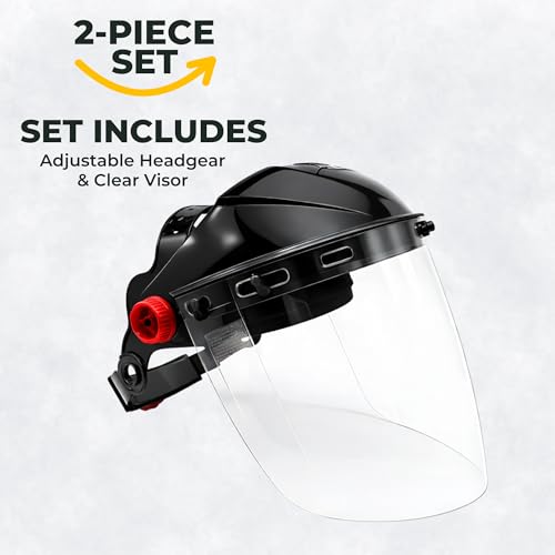 Cap Style Headgear with Clear Tapered Face Shield Visor – Adjustable Black Headgear with 9" x 15.5" Wraparound Shield – ANSI Z87.1 Safety Face Shield for Grinding, Cutting and Welding - color: Clear, 2 Pack a