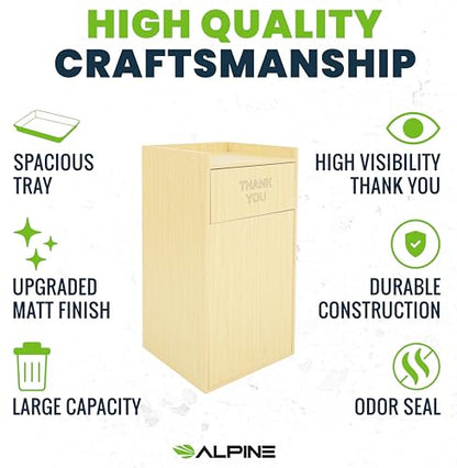 Alpine Restaurant Trash Can Cabinet with Tray Holder - Thank You Trash Can, Commercial 40 Gallon Garbage Can Cabinet for Restaurants, Cafeterias (Oak) - color: Oak