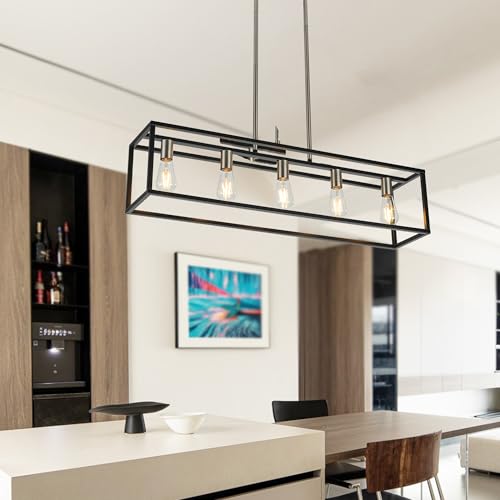 Black&Brushed Nickel Kitchen Island Lighting, Modern Linear Cage Retangular Chandelier, 5 Lights Industrial Metal Hanging Light Fixture for Farmhouse Kitchen Dining Room Bar Foyer - color: Black & Brushed Nickel, size: 5 Lights