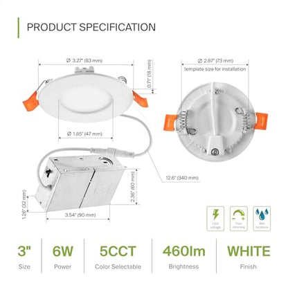 ASD 6 Pack 3 Inch LED Recessed Light 6W, 5 CCT 2700K-5000K CRI90+, IC Rated Ultra Thin Dimmable Ceiling Lights with J Box, Canless Wafer Downlight, Round Slim Panel Lighting, UL Energy Star, White - color: White, size: 3 Inch 6 Pack