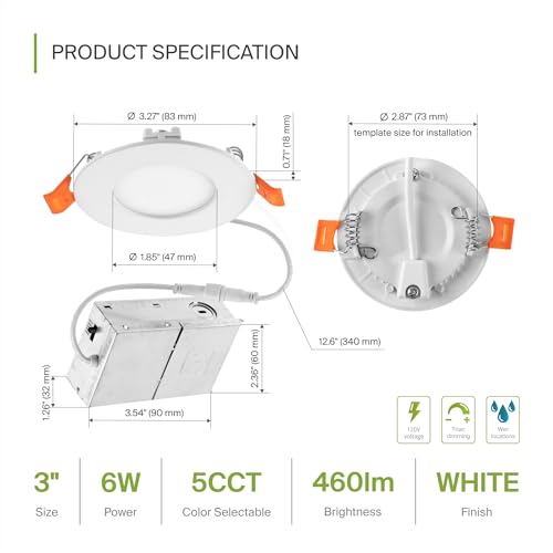 ASD 24 Pack 3 Inch LED Recessed Light 6W, 5 CCT 2700K-5000K CRI90+, IC Rated Ultra Thin Dimmable Ceiling Lights with J Box, Canless Wafer Downlight, Round Slim Panel Lighting, UL Energy Star, White - color: White, size: 3 Inch 24 Pack