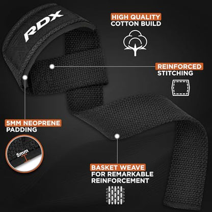 RDX Lifting Straps for Weightlifting –100% Cotton Heavy Duty Gym Wrist Strap with 5MM Neoprene Padding, 60CM Anti-Slip Hand Grip Wraps for Deadlifts Powerlifting Workouts Strength Training, Men Women - color: Black
