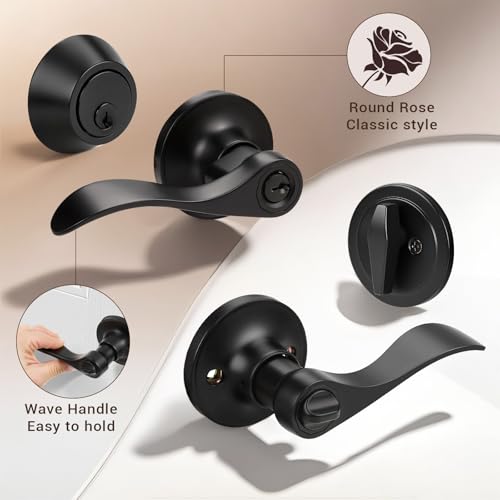 Knobonly 2 Sets of Front Exterior Door Knob Set with Single Cylinder Deadbolts in Matte Blac Finish, All Keyed Same Combo Pack, Wave Style Entry Door Lever Locks with Combinations - color: Matte Black, size: 2 Pack, style: Single Cylinder