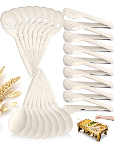 Reusable Plastic Serving Utensils Set of 24, Heavy Duty Wheat straw Large Serving set 10" Serving Spoons/10" Slotted Spoons/9.4" Tongs, for Party Buffet Catering (Khaki, Not for Cooking) - color: Khaki, size: 24 pcs