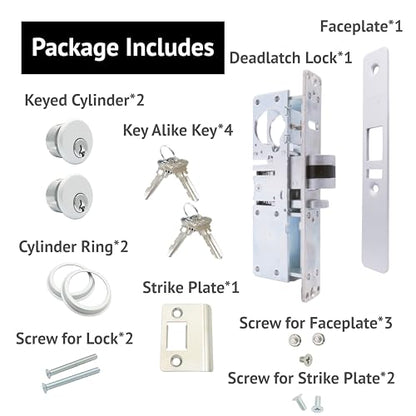 elox Narrow Stile Aluminum Door Mortise Deadlatch Lock Double Keyed Cylinder & 4 Keys, Handing Reversible, 1-1/2" Backset, in Aluminum Finish - color: AL