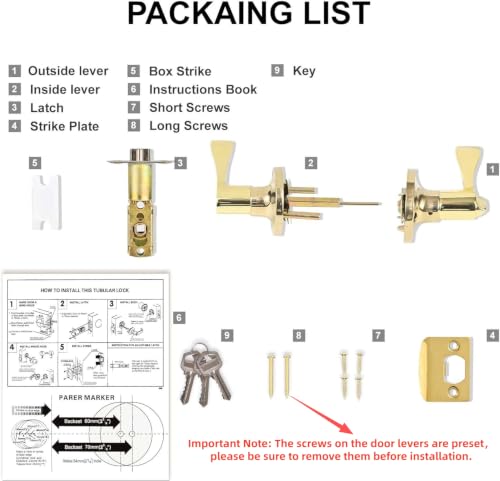 High-Security Stainless Steel Door Lever with Lock and Key (Gold) - color: 8300-Gold