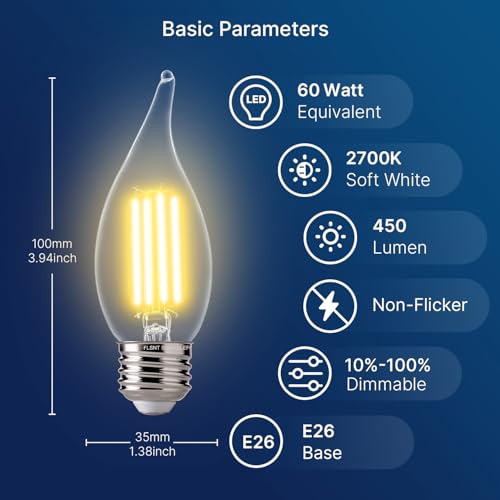 FLSNT LED 60 Watts Equivalent Chandelier Light Bulbs, CA11 Dimmable Filament Clear LED Candelabra Bulbs, E26 Medium Base, 2700K Soft White, 6 Pack - color: 60w Soft White, size: 6 Count (Pack of 1)