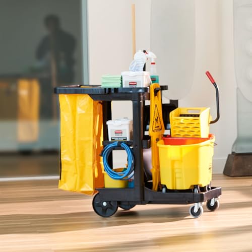 Rubbermaid Commercial Traditional Janitorial 3-Shelf Cleaning Cart, Wheeled with Zippered Yellow Vinyl Bag, for Business/School/Office/Janatorial Cleaning - style: Open Sided - Black