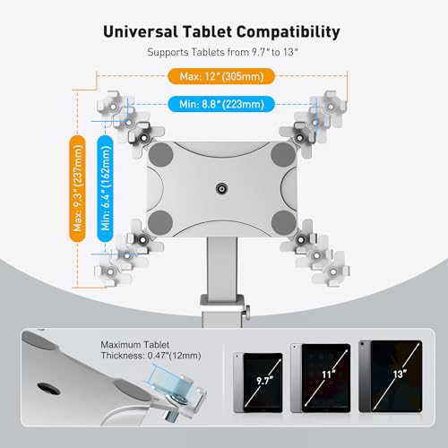 AboveTEK Anti-Theft iPad Kiosk Stand, 360 Rotation & Adj. Height 8.3"–13.4", Heavy-Duty Steel & Aluminum, Fits 9.7"-13" Tablets, Security Retail POS Tablet Stand for Business & Commercial Use (Silver) - color: Silver