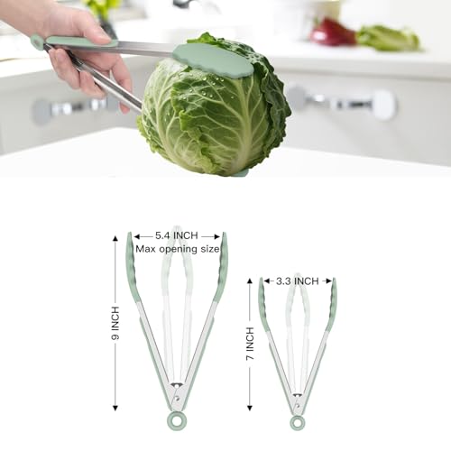 HOTEC Stainless Steel Kitchen Tongs with Silicone Tips, Set of 2-7" and 9" - color: Light Green:9+7inch