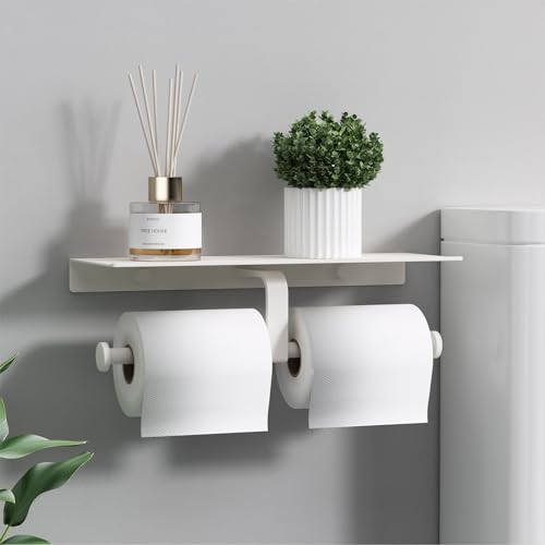 Danpoo Bathroom Toilet Paper Holder with Shelf, Wall Mount, Double Roll, White - color: White