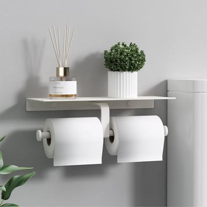 Danpoo Bathroom Toilet Paper Holder with Shelf, Wall Mount, Double Roll, White - color: White