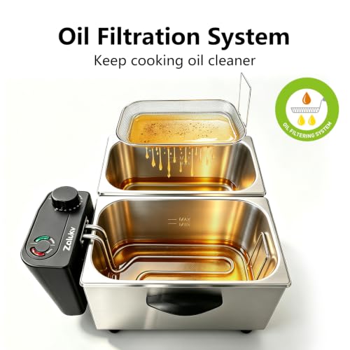 7.4QT Double Deep Fryer with Oil Filtration System, 3000W Dual Basket Electric Deep Fryer for Home Use with 2 Baskets, Large Countertop Fryer with Viewing Window and Adjustable Temperature