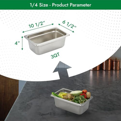 HECMAC 6 Pack Anti-Jam Hotel Pans, 1/4 Size 4 Inch Deep, Commercial Stainless Steel Chafing Steam Table Pan, Catering Storage Metal Food Pan, 23 Gauge - size: 1/4 Size, 4" Deep