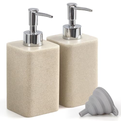 YMXYJM 2 pcs Hand Soap Dispenser Set - 11oz Refillable Resin Liquid Soap Dispensers with Rustproof Pump, Lotion Dispenser Includes Silicone Funnel for Bathroom Countertop or Kitchen, Beige - color: Beige
